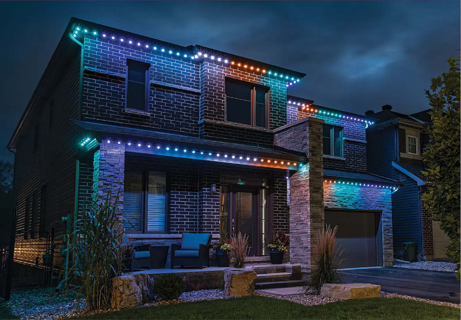 Roofline closeup with accent lights