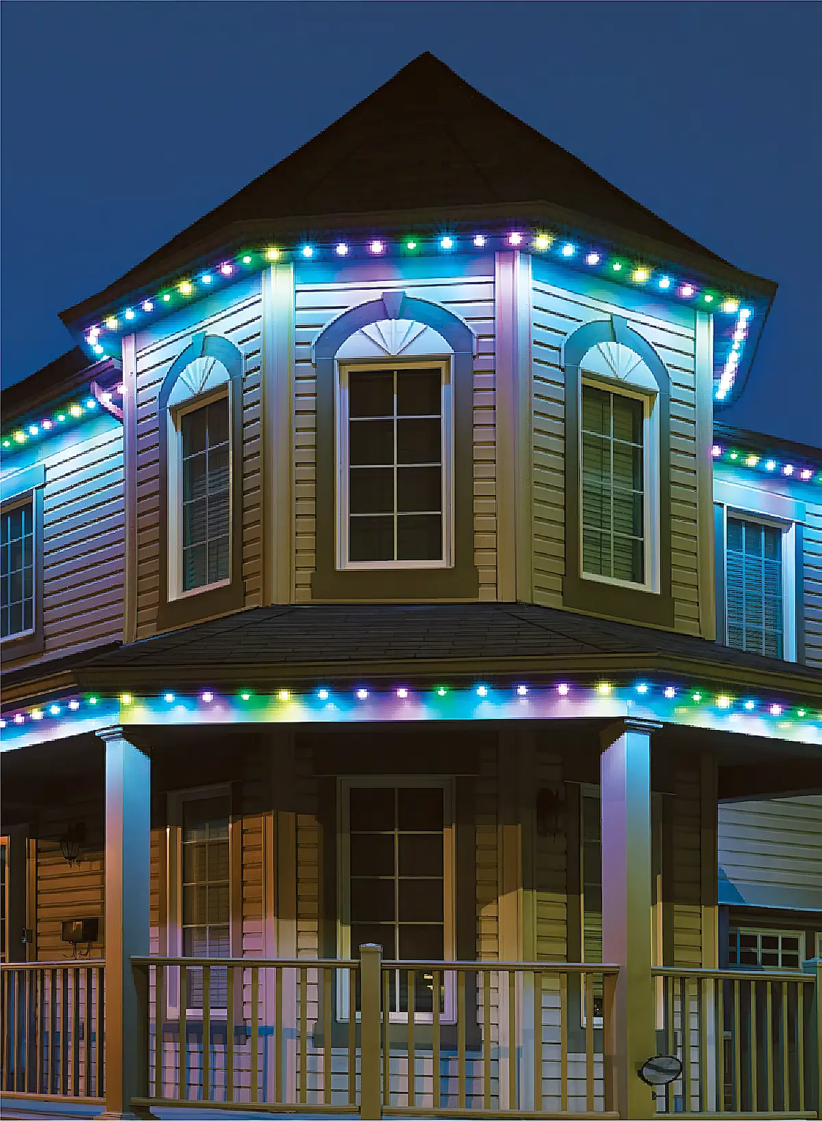 Holiday lighting on multi‑gable house